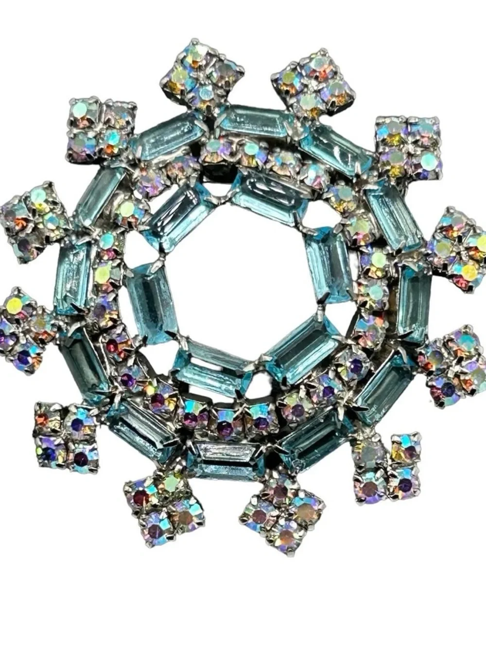 Vintage AB Rhinestone Blue Baguette Circle Brooch